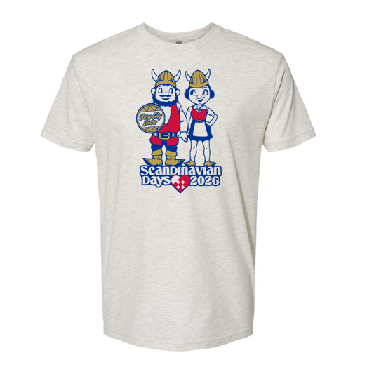White t-shirt with cartoon characters and 'Scandinavian Days 2026' text on a white background