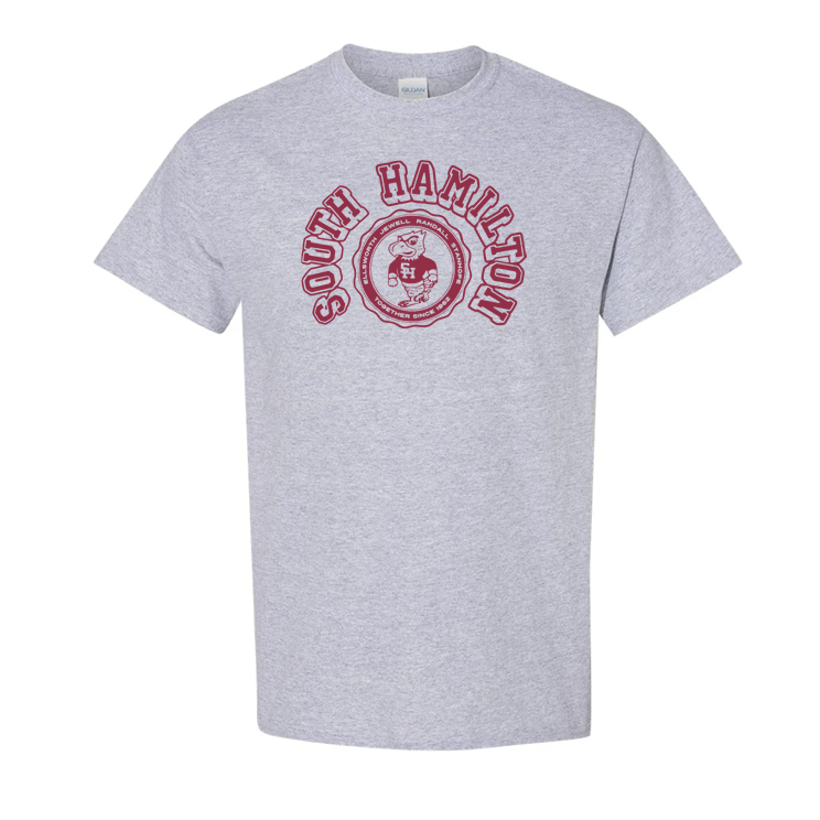 Gray t-shirt with 'South Hamilton' logo on a white background