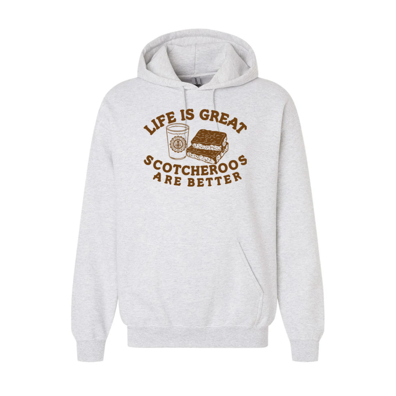 Gray hoodie with text and graphics on a white background