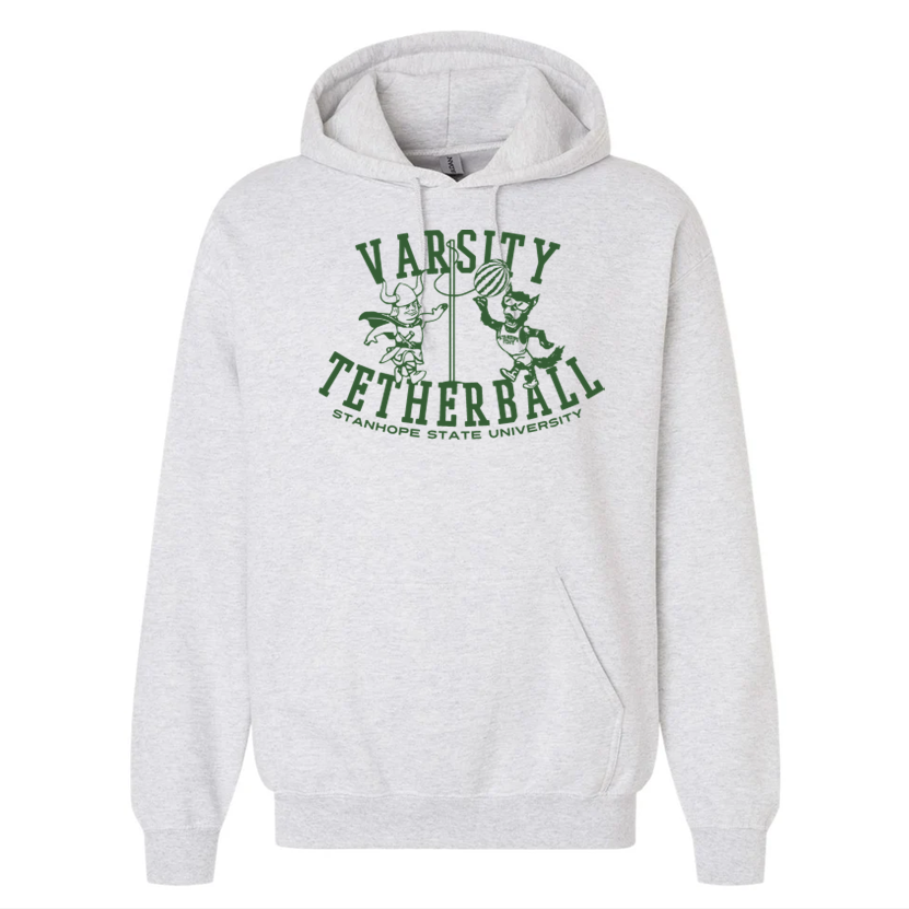 Gray hoodie with 'Varsity Tetherball' graphic on a white background