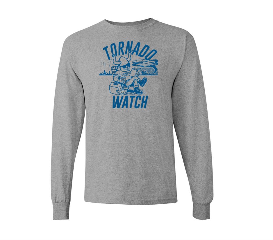 Gray long-sleeve shirt with 'Tornado Watch' graphic design on a white background