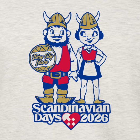 Design of two cartoon figures in Viking costumes with 'Story City Iowa' text, standing next to each other on a light gray background.
