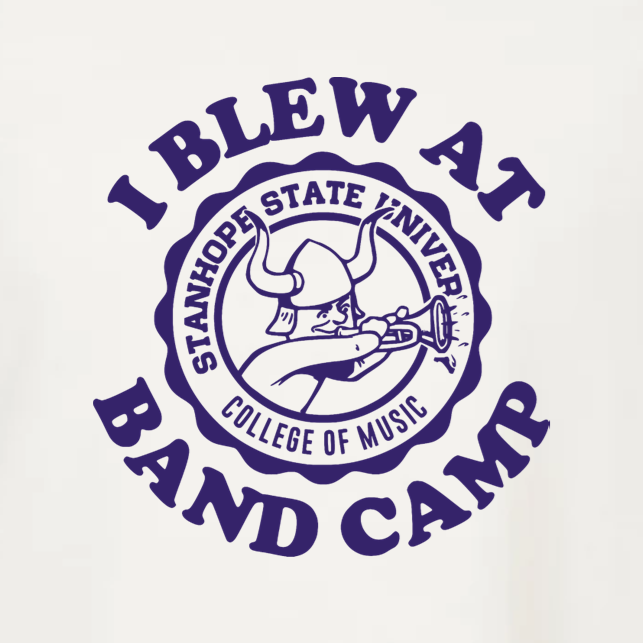 White t-shirt with purple 'I Blew at Band Camp' graphic and logo on a white background