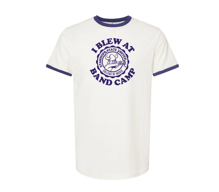 White t-shirt with purple text and logo on a white background