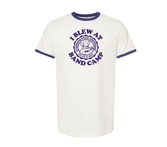 White t-shirt with purple text and logo on a white background