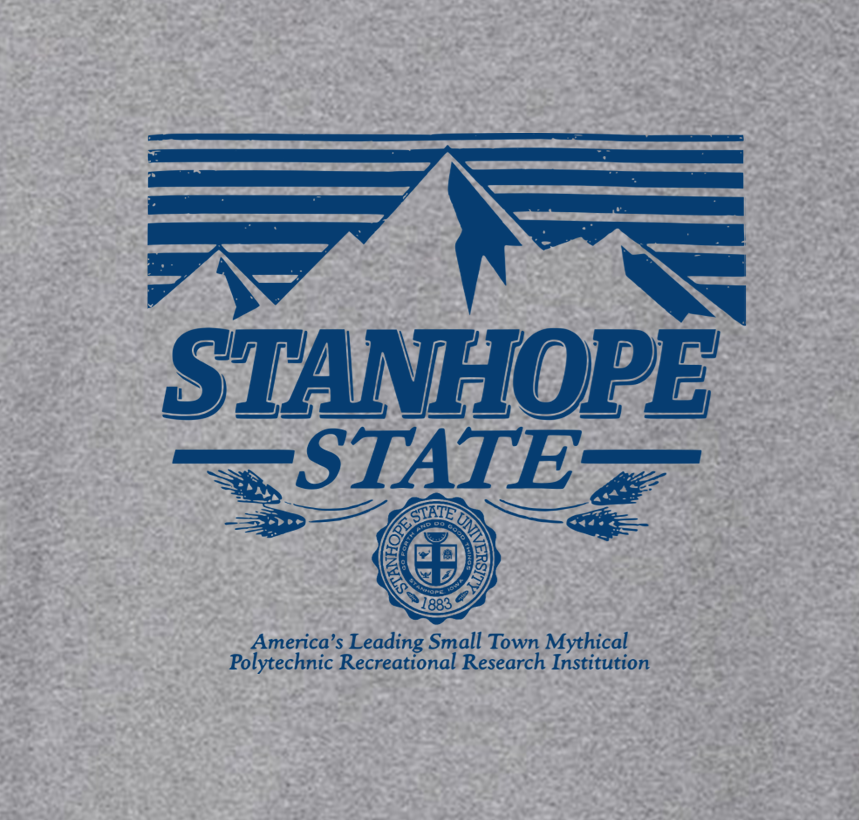 Gray t-shirt with blue 'Stanhope State' graphic design on a gray background
