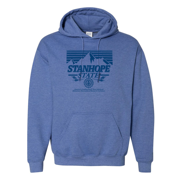 Blue hoodie with 'Stanhope State' text on a white background