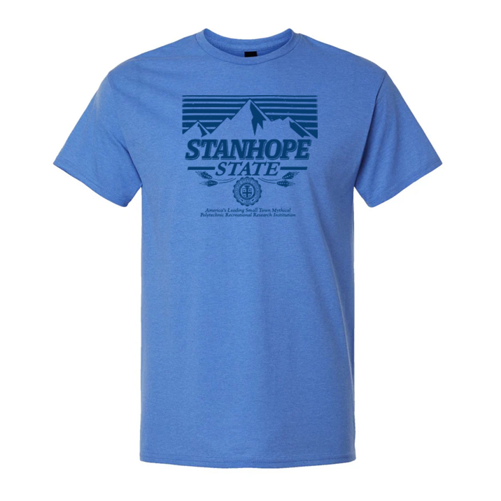 Blue t-shirt with 'Stanhope State' graphic on a white background