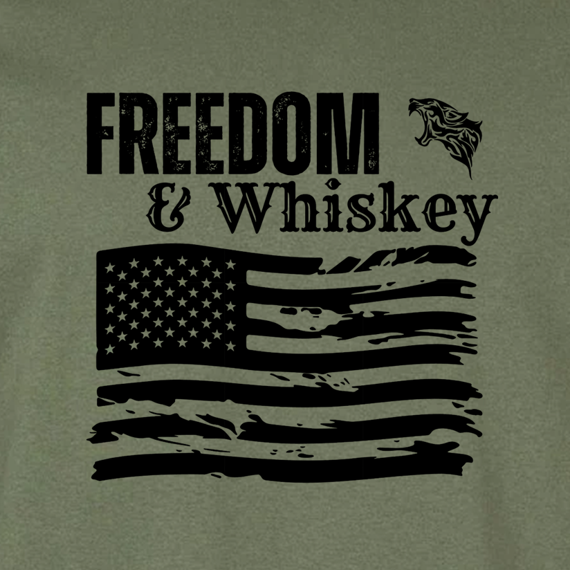 T-shirt with 'Freedom & Whiskey' text and American flag design on a green background