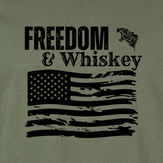 T-shirt with 'Freedom & Whiskey' text and American flag design on a green background