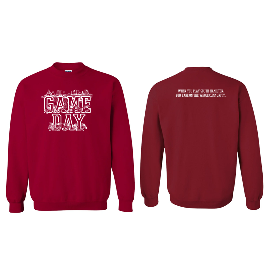 Red sweatshirt with 'Game Day' text on front and back, on a white background