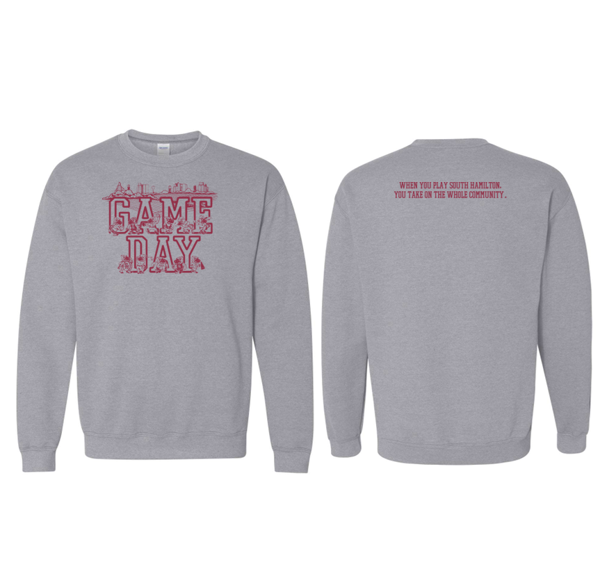 Gray sweatshirt with red text on a white background