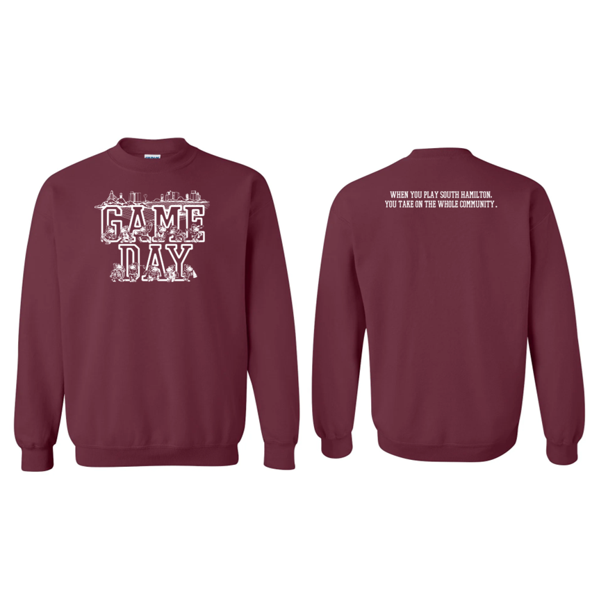 Maroon sweatshirt with text on front and back on a white background