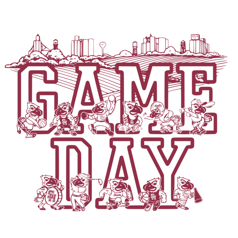 Red 'GAME DAY' text with cartoon characters on a white background