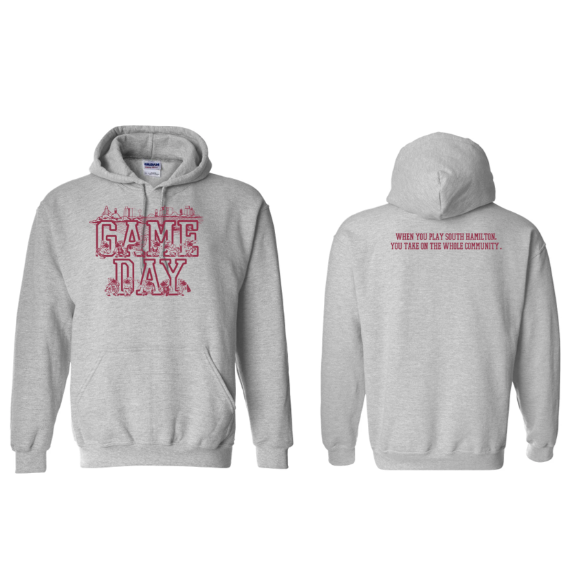 Gray hoodie with 'Game Day' text on front and back, on a white background