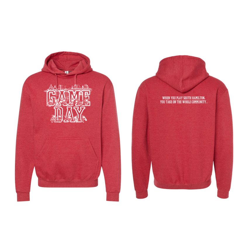 Red hoodie with text on front and back on a white background