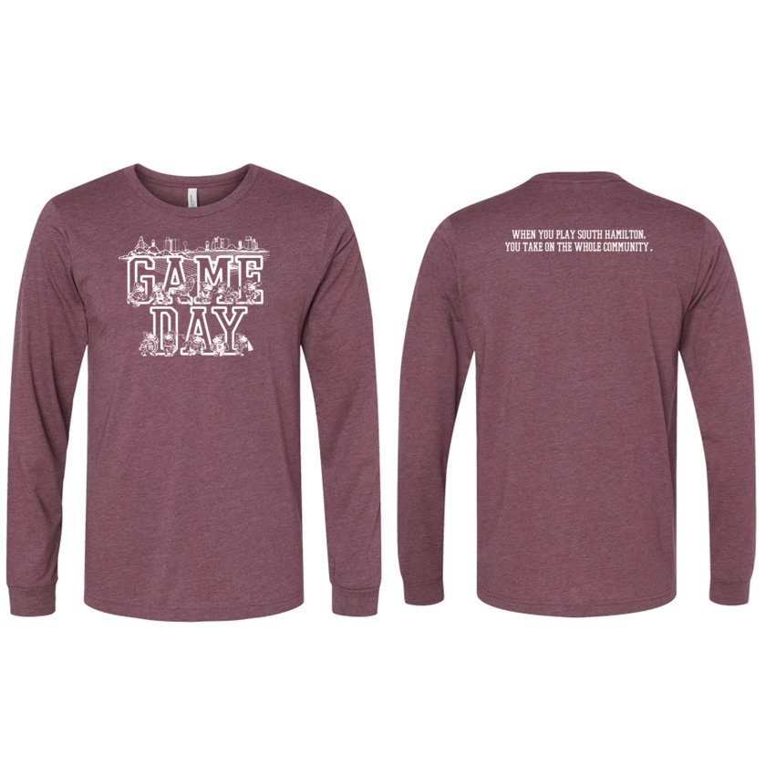 Maroon long-sleeve shirt with 'Game Day' text on a white background