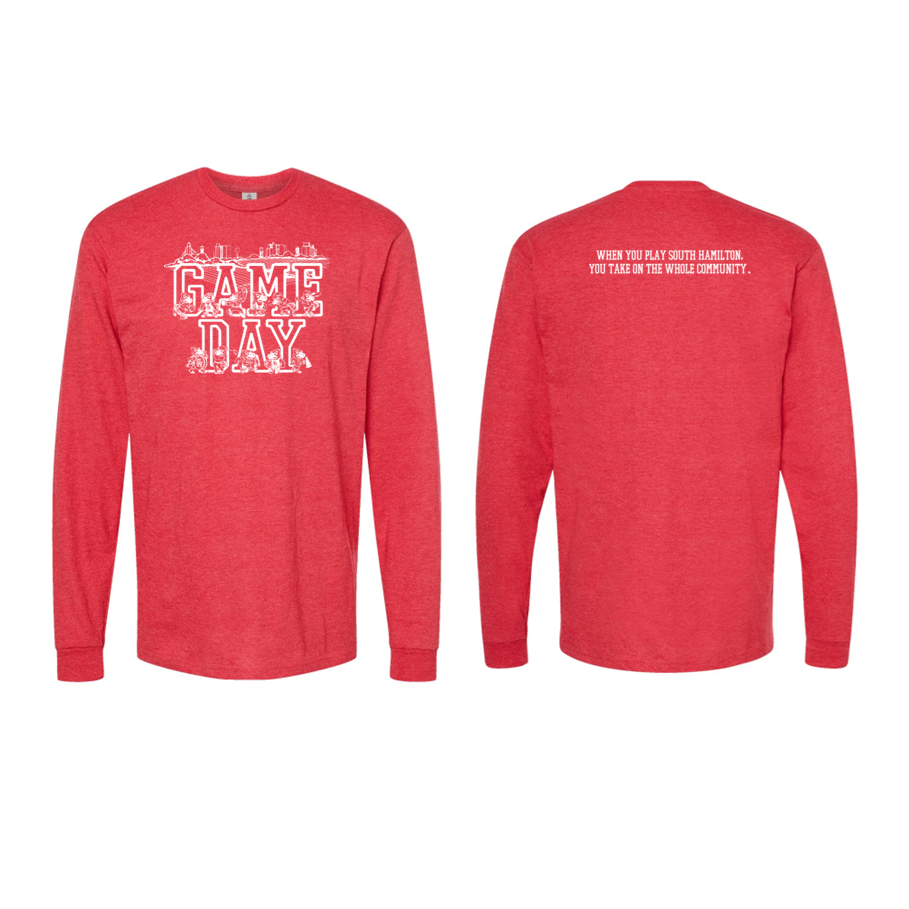 Red long-sleeve shirt with white text on a white background