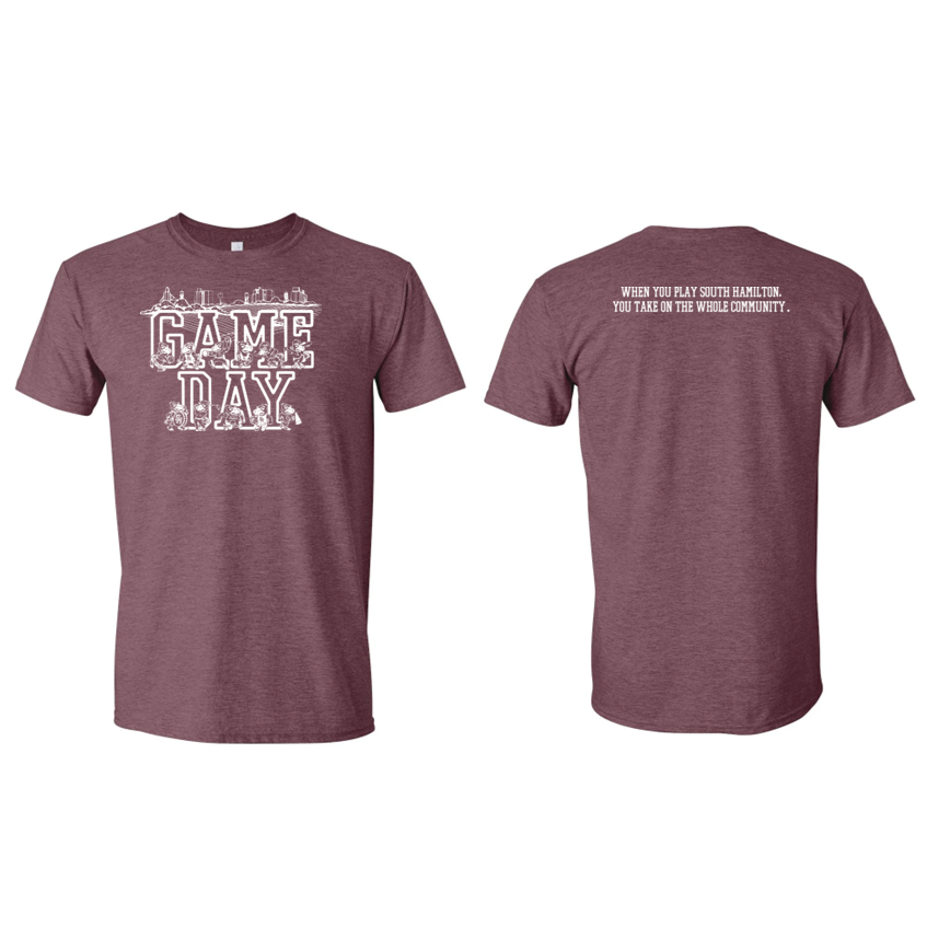 Maroon t-shirt with 'Game Day' text on a white background