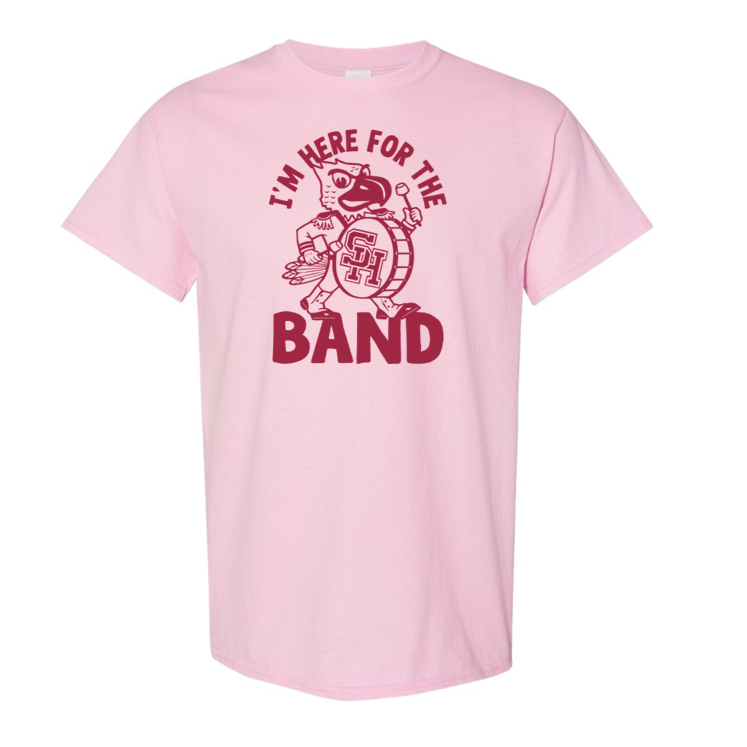 A light pink short-sleeve t-shirt with a dark red graphic on the front featuring a cartoon turtle and the text 'I'M HERE FOR THE BAND'.