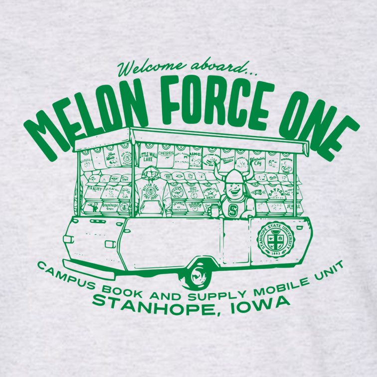 Green graphic of a bookmobile with 'Melon Force One' text on a white background