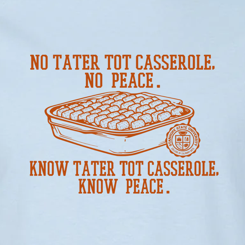 Tater tot casserole graphic with text on a light blue background