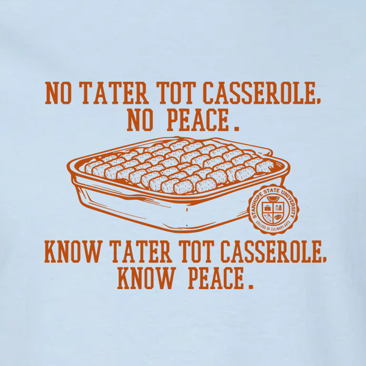 Tater tot casserole graphic with text on a light blue background