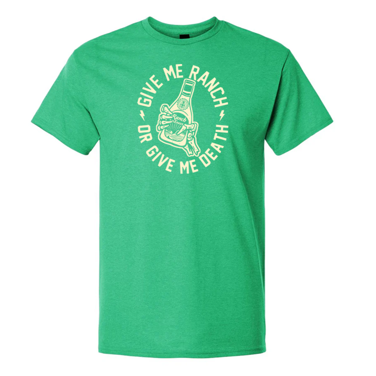Green t-shirt with white graphic and text on a white background