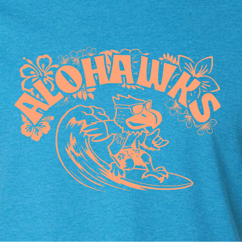 Blue t-shirt with orange 'Aloha Hawks' graphic design