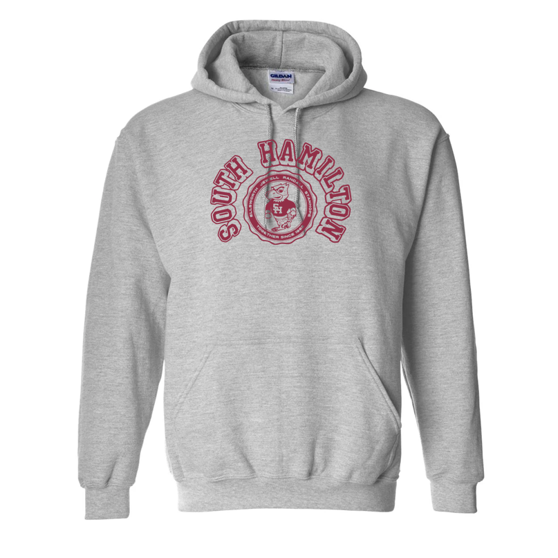 Gray hoodie with red 'South Hamilton' text and logo on a white background