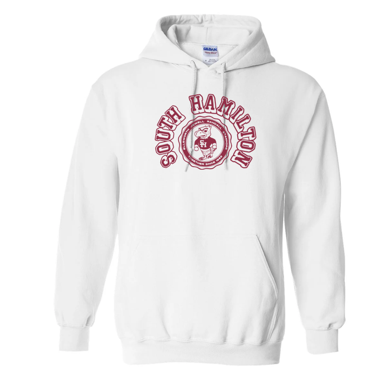 White hoodie with red graphic design on a white background