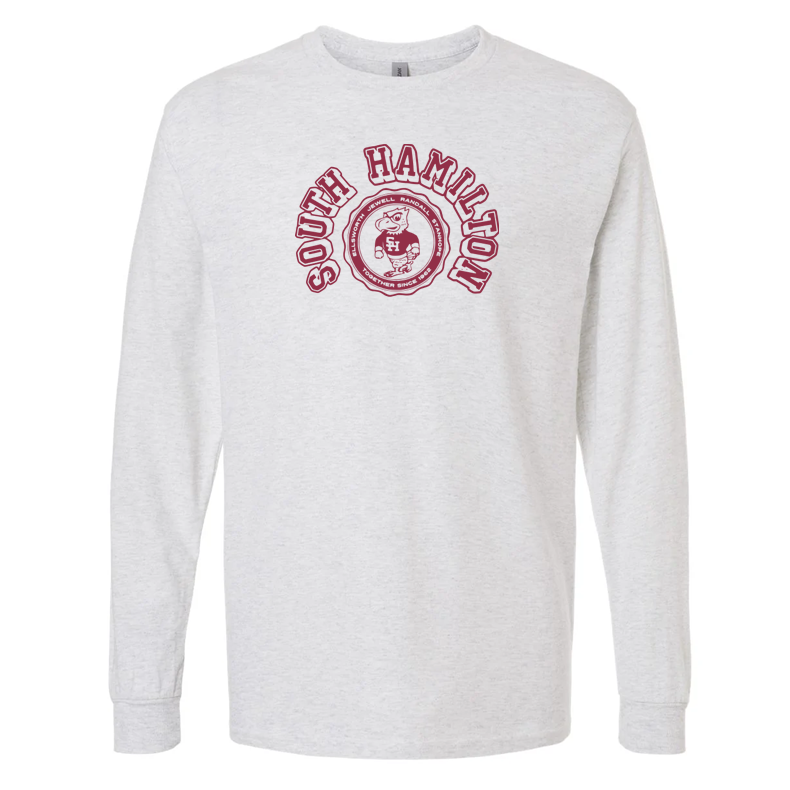 White long-sleeve shirt with red 'South Hamilton' logo on a white background