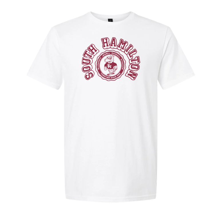 White t-shirt with red 'South Hamilton' logo on a white background