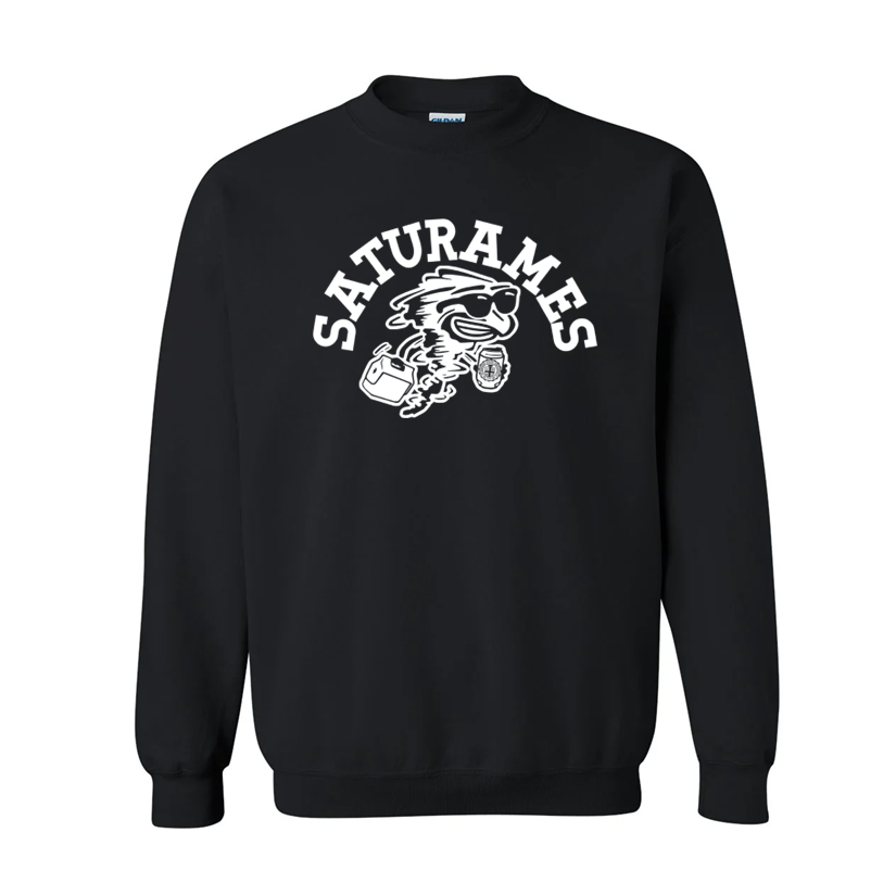Black sweatshirt with 'Saturames' logo on a white background