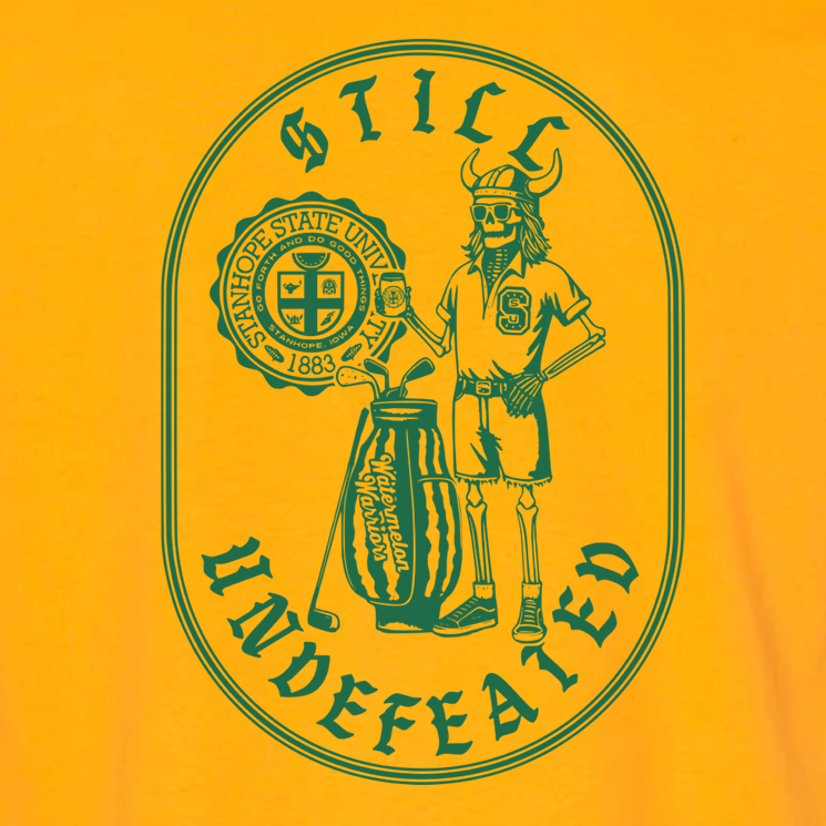 Graphic design of a skeleton in a Viking helmet with text 'Still Undefeated' on an orange background