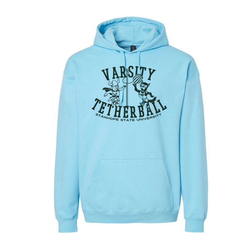 Light blue hoodie with 'Varsity Tetherball' text and graphics on a white background