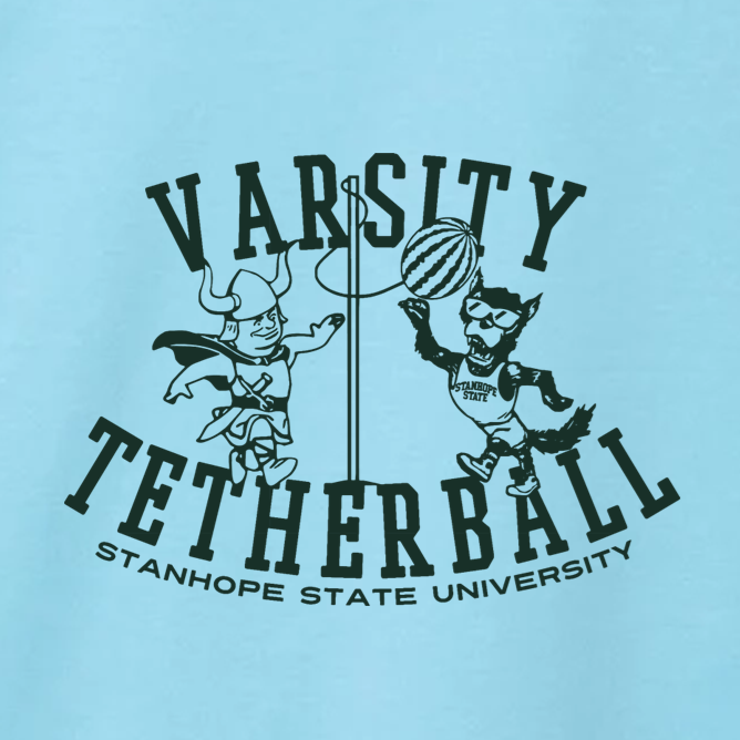 Vintage-style 'Varsity Tetherball' graphic with cartoon characters on a light blue background