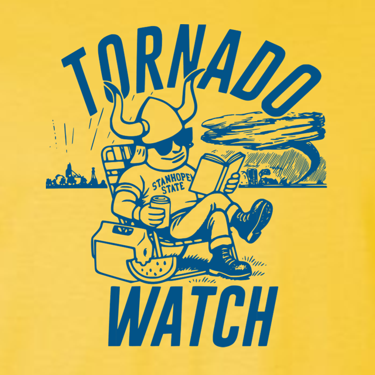 T-shirt design with a person in a tornado shelter, text 'Tornado Watch', and a yellow background.
