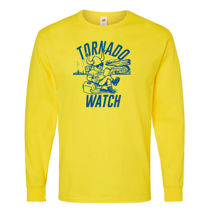 Yellow long-sleeve shirt with 'Tornado Watch' graphic on a white background