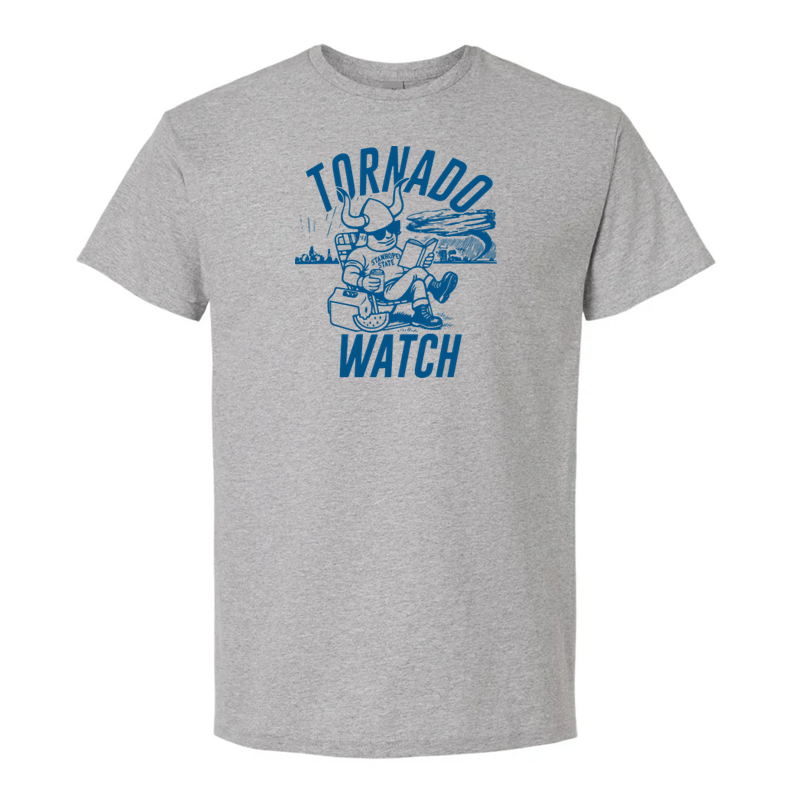 Gray t-shirt with blue graphic and text 'Tornado Watch' on a white background