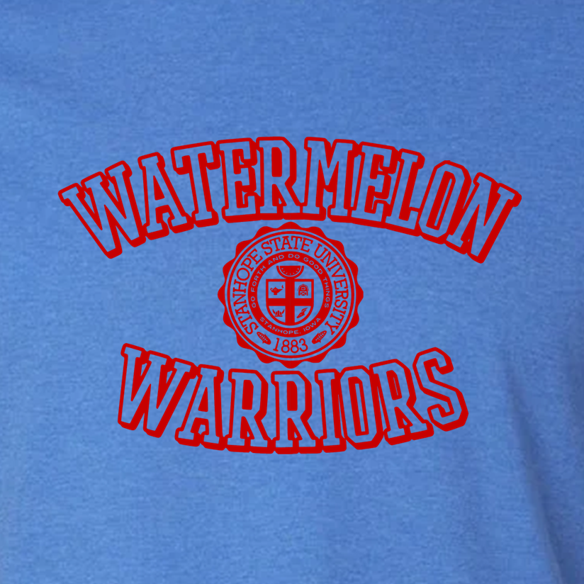 Blue t-shirt with red 'Watermelon Warriors' text and seal design.